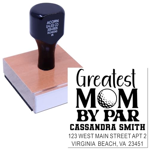Image of Custom Made Golfing Mom Tribute Wood Handle Rubber Stamp - Address Stamp | Any standard pad works. Golf Course Stamp. Classic Rubber Stamp. Square imprint. Your name and address. Laser-engraved die.