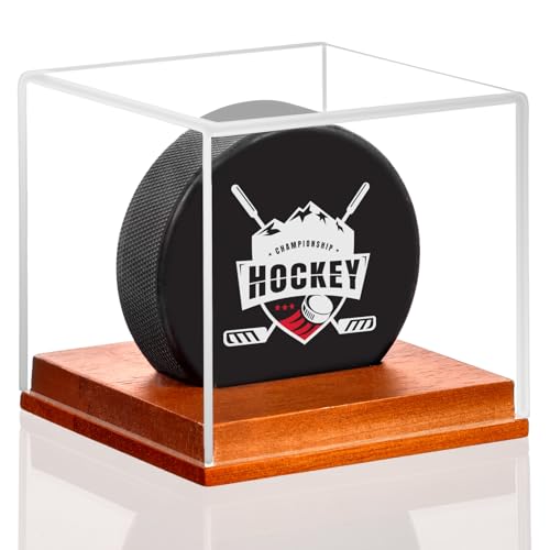 MewVeer Hockey Puck Display Case, Pucks Display Cases with Wooden Base, Acrylic Clear Box - Hockey Memorabilia Storage Holder, for Enthusiasts & Collectors & Fans (1 Pack, Square)