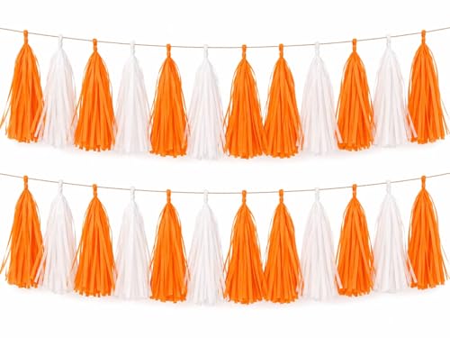 Image of Orange and White Tassel Garland Streamers - 20pcs Orange White Tissue Paper Tassel Banner for Party Decor,DIY Kits - (20 PCS)