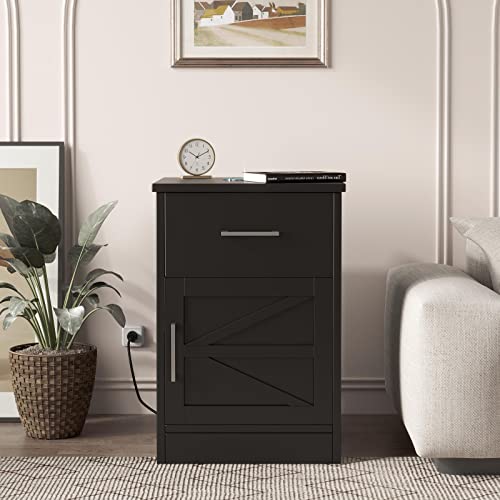 Reettic Nightstand With Charging Station And Usb Ports & Power Outlets, Side Table With Drawer And Storage Cabinet, Sofa End Table For Bedroom, Office, Black Rctg106Be #TOP3