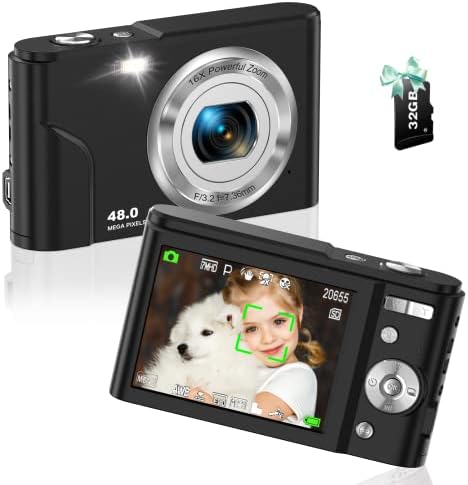 Digital Camera, Upgraded 48MP Autofocus FHD 1080P Small Digital Camera for Kids Video Camera with 32GB SD Card 16X Digital Zoom, Compact Point and Shoot Vlogging Camera for Teens Students Adult