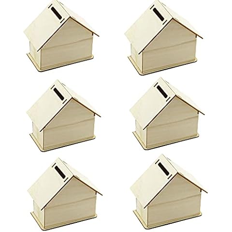 alfyng 6 Pcs DIY Wooden Piggy Bank, Children's Handmade House Coin Bank, Paint and Decorate Assembly House Craft Kits, Fun Unfinished Art Craft Creative Gifts for Kids (4.1"x4.1"x2.2") Cover