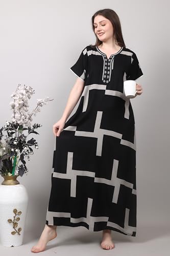 Image of Women's Nightgown | Wine Color with Abstract Geometric Print | Embroidered Neck Sleepwear | Premium Lounge Gown