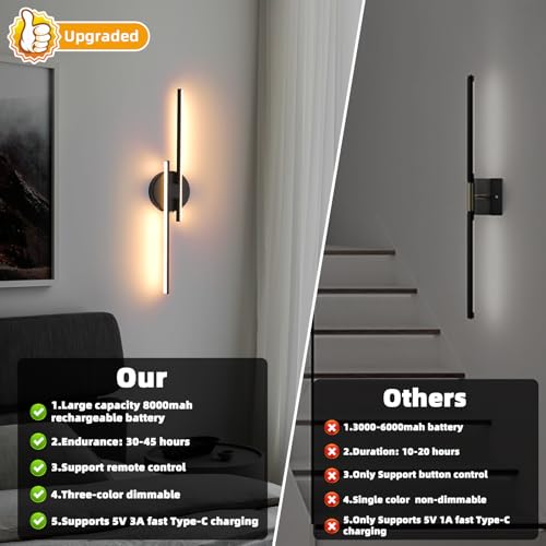 Image of Rechargeable Battery Operated Wall Sconce Set Of Two, Black Wireless LED Wall Sconces With Remote Control, Dimmable 3 Colors Cordless wall lights for Living Room, bedroom, Hallway, 23.6 Inch ( 2pcs)