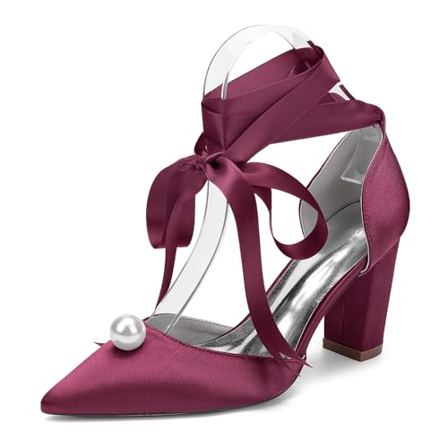 EICOFF Zapatos de Novia de tacón Alto de Perla para Mujer, Zapatos de Boda de satén con Punta Cerrada, Sandalias de tacón con Lazo para Envolver el Tobillo,Burgundy,40 EU