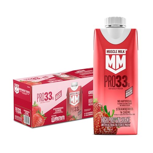 Muscle Milk Pro High Protein Shake Strawberry 11 fl oz Cartons (12 Pack) Ultra Filtered Milk 33g High Quality Protein Shake 3g Sugar 200 Calories No Artificial Flavors or Artificial Sweeteners No Added Colors