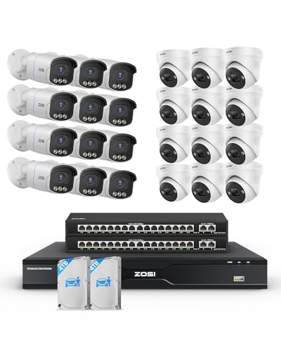 Image of ZOSI 32CH 4K PoE Security Camera System,24 x 8MP Full Color Night Vision Outdoor PoE Cameras,Person Vehicle Detection,Spotlight Siren,2 Way Audio,32CH Surveillance NVR with 8TB HDD for 24 /7 Recording