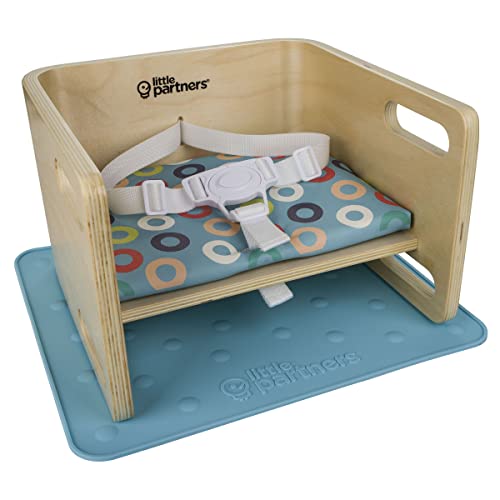 Image of Little Partners 3-in-1 Wooden Learning Booster Seat for Toddlers - Converts to Step Stool for Kids - Seat Cushion, Silicone Mat, and Booster Chair with Safety Straps - Feeding Chair (Natural)