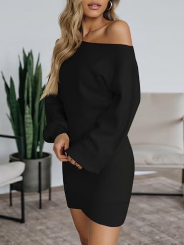 Wenrine Women's Off The Shoulder Sweater Dress 2025 Fall Winter Casual Long Sleeve Knit Slim Fit Pullover Mini Dresses3