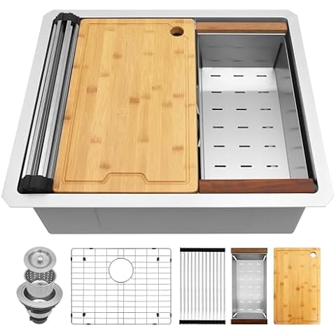 LQS Kitchen Sinks, Stainless Steel Bar Sink, Undermount Kitchen Sink 23" x 19", Workstation Ledge Kitchen Sinks, Undermount Small Bar and Prep Kitchen Sink, Deep Bar Sink Cover