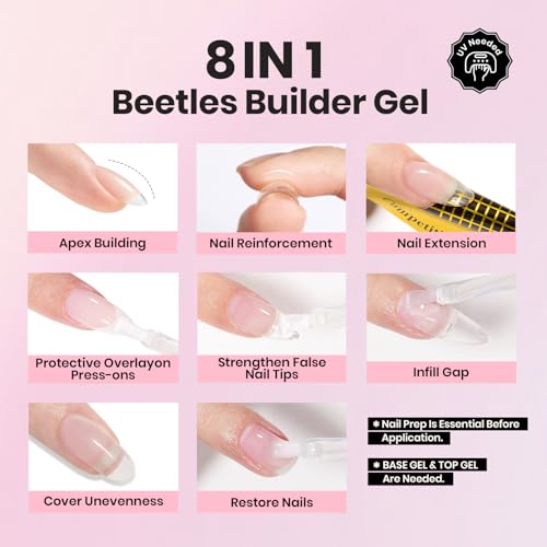 Image of Beetles HEMA-Free 15ml Gel Top Coat and Builder Gel for Nails with Nail Brush, Low Heat Hypoallergenic Clear 8 in 1 Builder High Shine Long Lasting No Wipe Top Coat Nail Polish