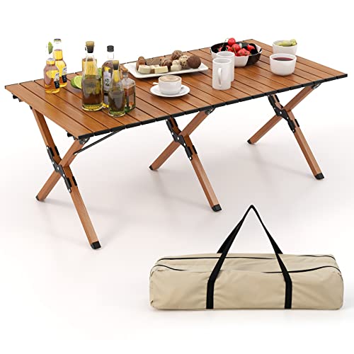 COSTWAY Folding Picnic Table, Roll-Up Aluminum Camping Table with Wood Grain, Portable Low Height Beach Table with Carry Bag for Camping, Picnic, BBQ & Hiking, Easy Assembly, Natural (47” x 23” x 18”)