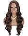 Kalyss 28 inches Brown Highlights Yaki Synthetic Hair Wigs for Women Long Body Wavy Curly Wigs L Parting Natural Looking Heat Resistant Replacement Wigs