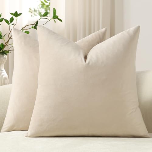 DEZENE Euro Sham Covers 26x26 Beige: Pack of 2 Cozy Soft Velvet Square Modern Luxury Decorative Throw Pillow Cases for Sofa Couch Living Room Bed Home Decor
