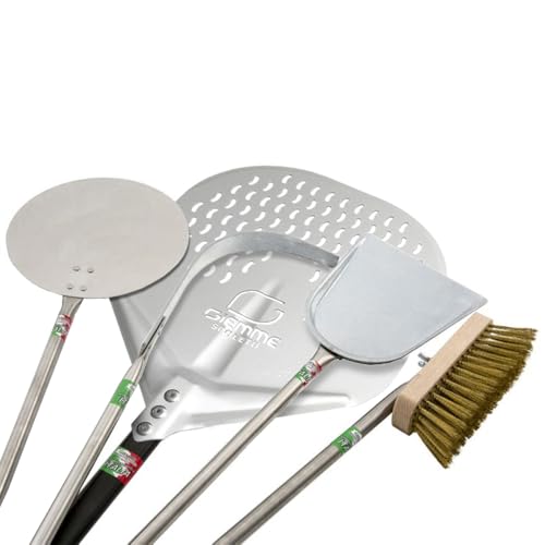 Giemme Set Professionale da 5 Pale per Pizza in Alluminio e Acciaio, Pala Forata in Alluminio 33x33 cm, Manico 150 cm, Per Forni profondi 120/130 cm (Lunghezza manico 150 cm)
