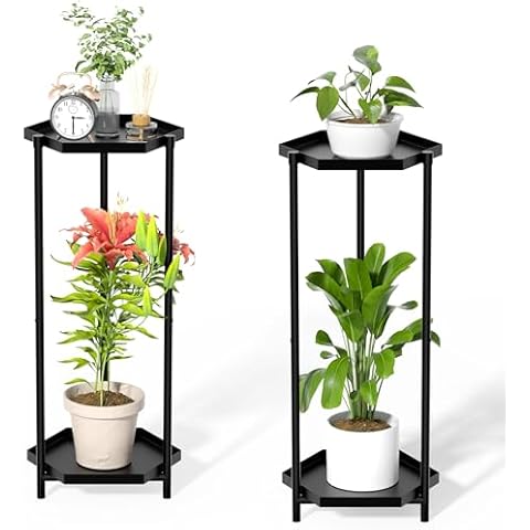 SUEH DESIGN 2 Tier Pland Stand for Indoor Outdoor, Metal Plant Stand Heavy Duty Flower Potted Holder Corner Plant Shelf Stand for Home Garden Office, 2 Pack Cover