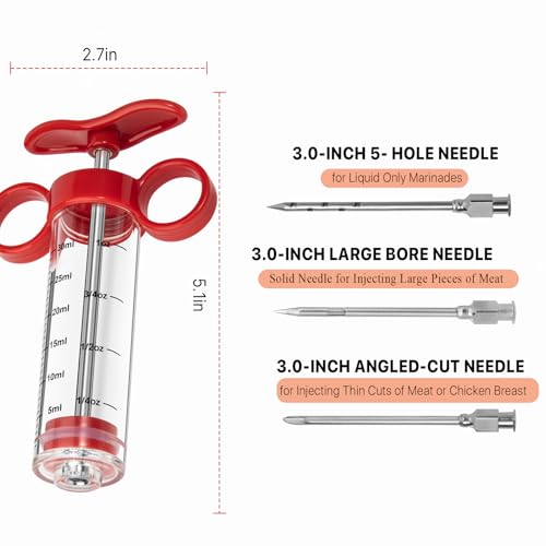 Image of Kingsmile Meat Injector, Turkey Injector Syringe - 3 Needles for BBQ Grill, 1oz Meat Injector Syringe, Injector Marinades for Meats, Meat Injectors for Smoking 1 Cleaning Brush Easy to Use & Clean Red