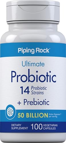 Piping Rock Probiotic and Prebiotic for Women and Men | 50 Billion CFU | 100 Capsules | Ultimate 14 Strain Supplement | Vegetarian, Non-GMO, Gluten Free