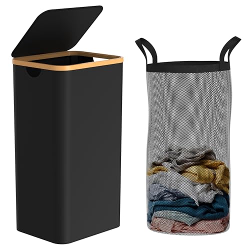 Slim Laundry Hamper with Lid,100L(26.4 Gallon) Black Narrow Laundry Basket with Removable Bag,Stylish Dirty Clothes Basket for Bathroom,Dorm,Bedroom and Laundry Room