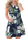 OMZIN Wide Strap Sleeveless Plus Size Dress Swing Round Neck Sundress Leisure Pullover Dresses Blue Leaves L