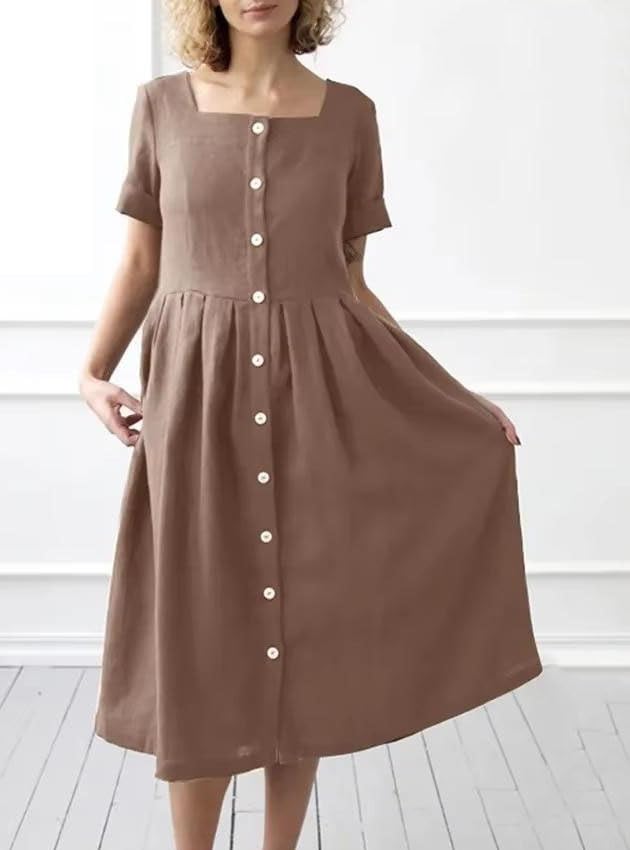 Women Dress Square Neck Single Breasted Pleated A Line Skirt Office Lady Style3