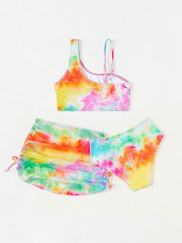 Image of OYOANGLE Girl's 3 Piece Bikini Swimsuit Tie Dye Beach Sports Bathing Suit with Beach Skirt Cover Up Multicolor 10Y