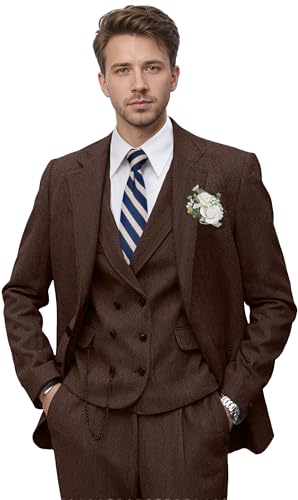 Tweed Herringbone Suit for Men Wool Suits Retro Mens 3 Piece Slim Fit Blazer Jacket Vest Pants Tuxedo Set for Groomsmen Prom