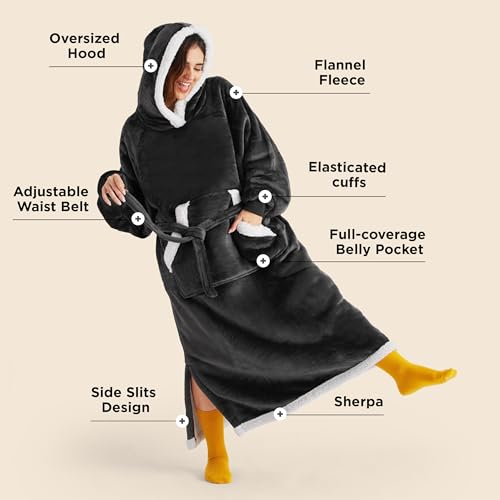 Image of Bedsure Wearable Blanket Hoodie, Long Hooded Blanket Sweatshirt as Christmas Birthday Gifts for Men, Cozy Sherpa Hoodie for Adult, Oversize, Charcoal