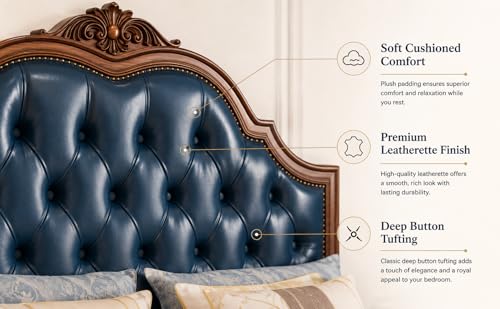 Image of Wooden Bed, American Classic Style, Blue Tufted Leather Headboard with Carved Wood Frame