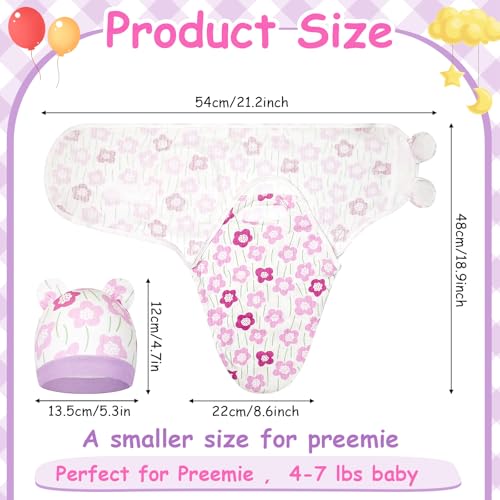 Image of Ramede 6-Pack Preemie Baby Swaddle Blankets with Hats, Breathable 100% Cotton Baby Swaddles, Suitable for Preemie Babies and Newborns, Soft Cotton, Adjustable(Flower,Pink and Green)