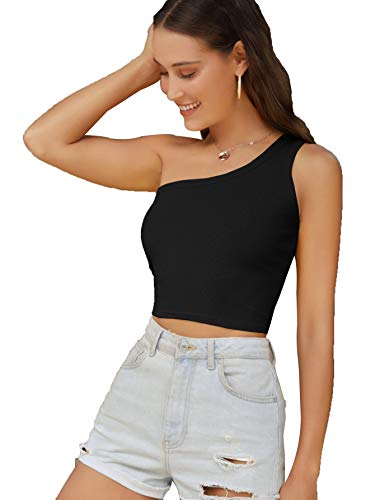 Verdusa Women's Sexy One Shoulder Sleeveless Ribbed Crop Top Black M #TOP2