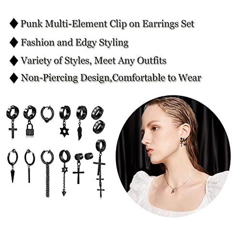 14 Pcs Black Goth Punk Stainless Steel Non Pierced Cross Feather Spike Awl Star Of David Dangle Tassel Clip On Hoop Earrings Set Jewelry For Women Men, Non Piercing Fake Cross Magnetic Stud Earrings #TOP5