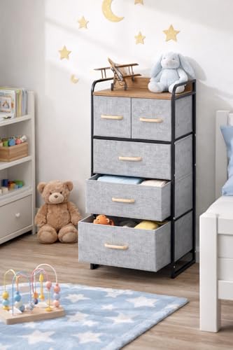 Image of Raawan 4 Layer 5 Drawer Fabric Storage Organizer with Wooden Top and Metal Frame, Modern Dresser Storage Unit for Bedroom, Living Room, Office, Kids Room & Closet, Grey (5 Drawer)