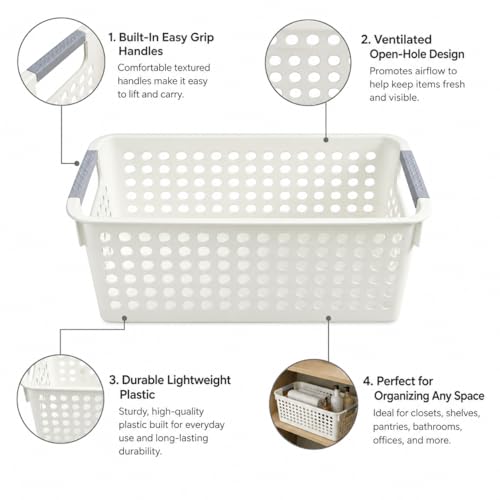 Image of Basicwise Set of 6 Plastic Storage Baskets, 12 inch x 5 inch x 5 inch Ivory Organizer Bins with Handles, Perforated Small Storage Containers for Pantry, Bathroom, Laundry, Closet, Office, Toys, Shelves, Home