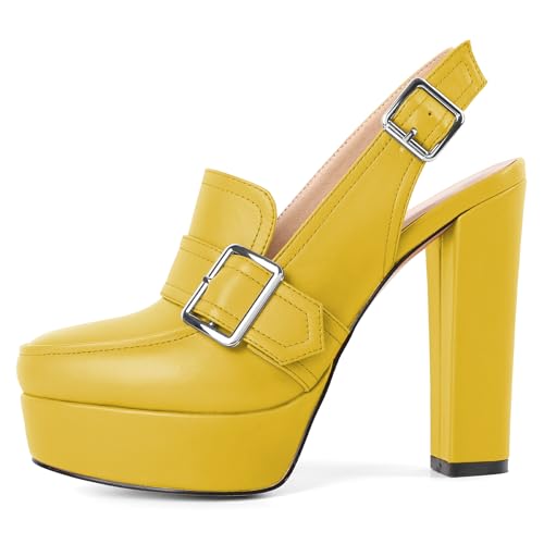 Image of Women's High Heel Loafers Platform Pumps Round Toe Heels Chunky Heel Pumps Stylish Comfortable 4.8 Inch Slingback Heels