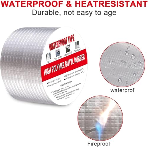 Image of Rainspire Aluminum Foil Butyl Waterproof Tape Leak Repair Tape | Self-Adhesive Roof Sealant Tape for Pipe, Roof, Wall, Window Crack Fix | Heat Resistant Tape, Multi-Purpose /Chopper Scraper - 3 Pack