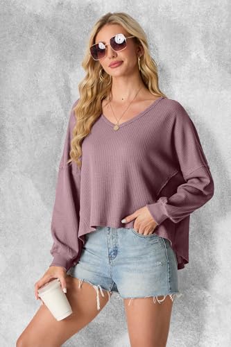 IWOLLENCE Womens Long Sleeve Shirts Oversized V Neck Tunic Tops for Women Waffle Knitted Pullover Sweater Top3