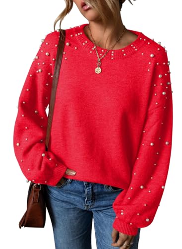 Pink Queen Long Sleeve Crewneck Pearl Sweaters for Women Classic Pullover Jumper Tops with Pearl Embellishment Fiery Red S