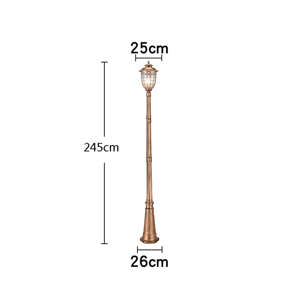 Lampadaire extérieur, Douille E27, Lanterne en Verre, Style européen rétro Antique, étanche IP54, en Aluminium moulé sous Pression et Laiton, Hauteur 2,45 m.,Brass-Height 2.45m