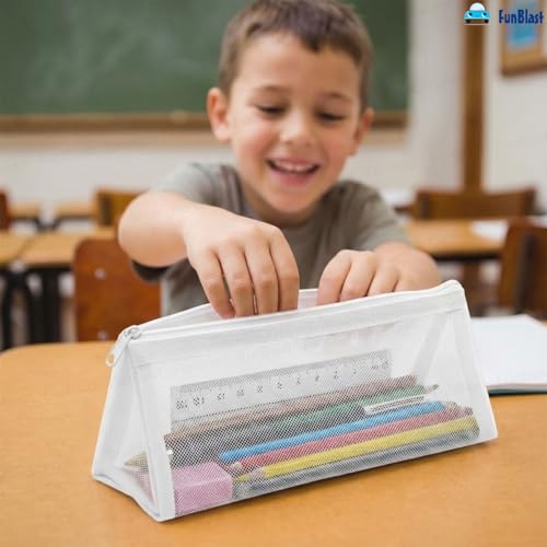 Image of FunBlast Mesh Pencil Case with Smooth Zipper, Single Layer Multi-Purpose Stationary & Pen Pouch for Boys & Girls, Transparent Stationary Bag, Organizer Pouch for Student (White-C)