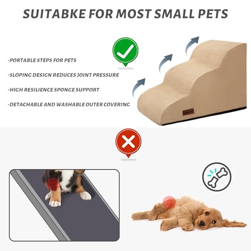 Image of Aodisman Dog Stairs for Small Dogs and Cats,3-Step Pet Ramp for Couch,Chair | 15.7 inch H Non-Slip Sturdy Dog Steps with Curved Ramp for Senior,Short-Legged Dogs,Puppy and Cats to Reach Sofa or Chair,Khaki