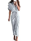 Mxrag Women's Casual Print Button Front Maxi Shirt Dress Summer V Neck Button Down Short Sleeve Ligh