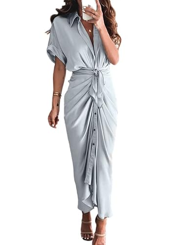 Mxrag Women's Casual Print Button Front Maxi Shirt Dress Summer V Neck Button Down Short Sleeve Light Grey Maxie Long Shirts Dresses For Cocktail #TOP4