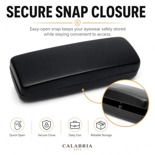 Image of Calabria S412 Extra Large Hard Shell Eyeglass Case - Black Snap Closure Glasses Case with Soft Felt Interior
