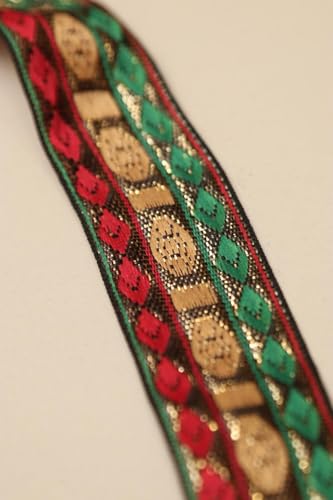Image of Banarasi Silk Border Lace for Saree, Dupatta, Lehenga, Suit, Blouse & Home Furnishing, Crafting DIY (Green Red Gold, 9 Meters x 2 Inch)
