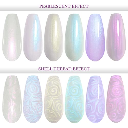 Vishine Pearl Gel Nail Polish Colleaction,Glitter Pearlescent Shell Gel Polish Beige White Pearl Blue Purple Shimmer Mermaid Swirl Thread Effect Nail Gel Soak Off Led Uv Lamp Required Diy Manicure Use 6Pcs 8Ml #TOP3