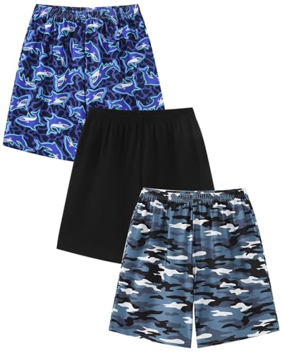 MyFav Boys Pajama Shorts 3 Pack Sleepwear Shorts for Teen Boys Plaid Camouflage Lounge Summer Comfy Pj Bottom,SetE,14-16