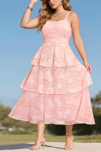 Image of Plus Size Summer Dresses - Floral Beach Wedding Guest Semi Formal Tiered Flowy Long Sundress