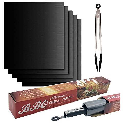 BEEWAY BBQ Grill Mats, Pack of 5 Universal Liners for Bottom of Fan Assisted Ovens - Teflon, Reusable, Washable, Non Stick for Charcoal or Gas Grills - Bonus 12" Silicone Tongs Cover