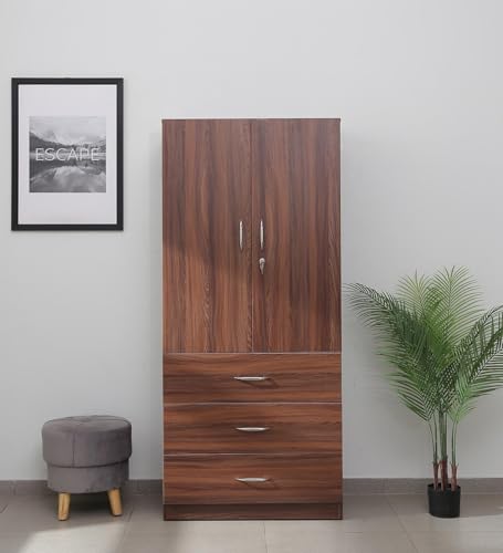 Image of Mintwud Pepperfry Engineered Wood Wardrobe with 2 Doors, 3 Drawers Storage and 1 Hanging Rod | Wooden Almirah Cupboard for Clothes Storage Organizer for Living Room Home Furniture (Brown Finish)